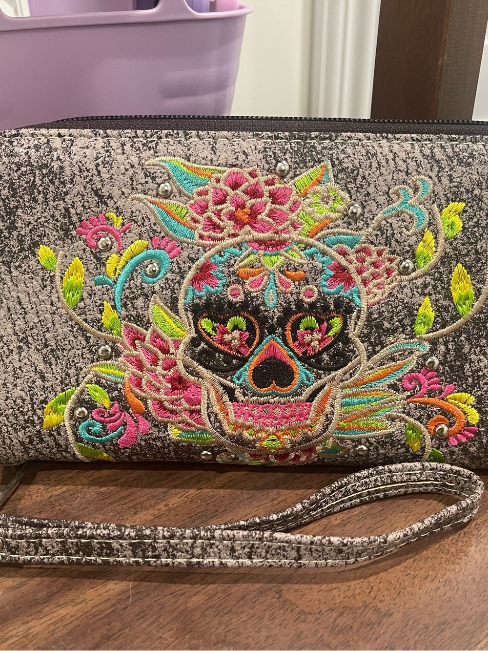 Gray Embroidered Sugar Skull Wristlet Clutch with Neon Floral Accents